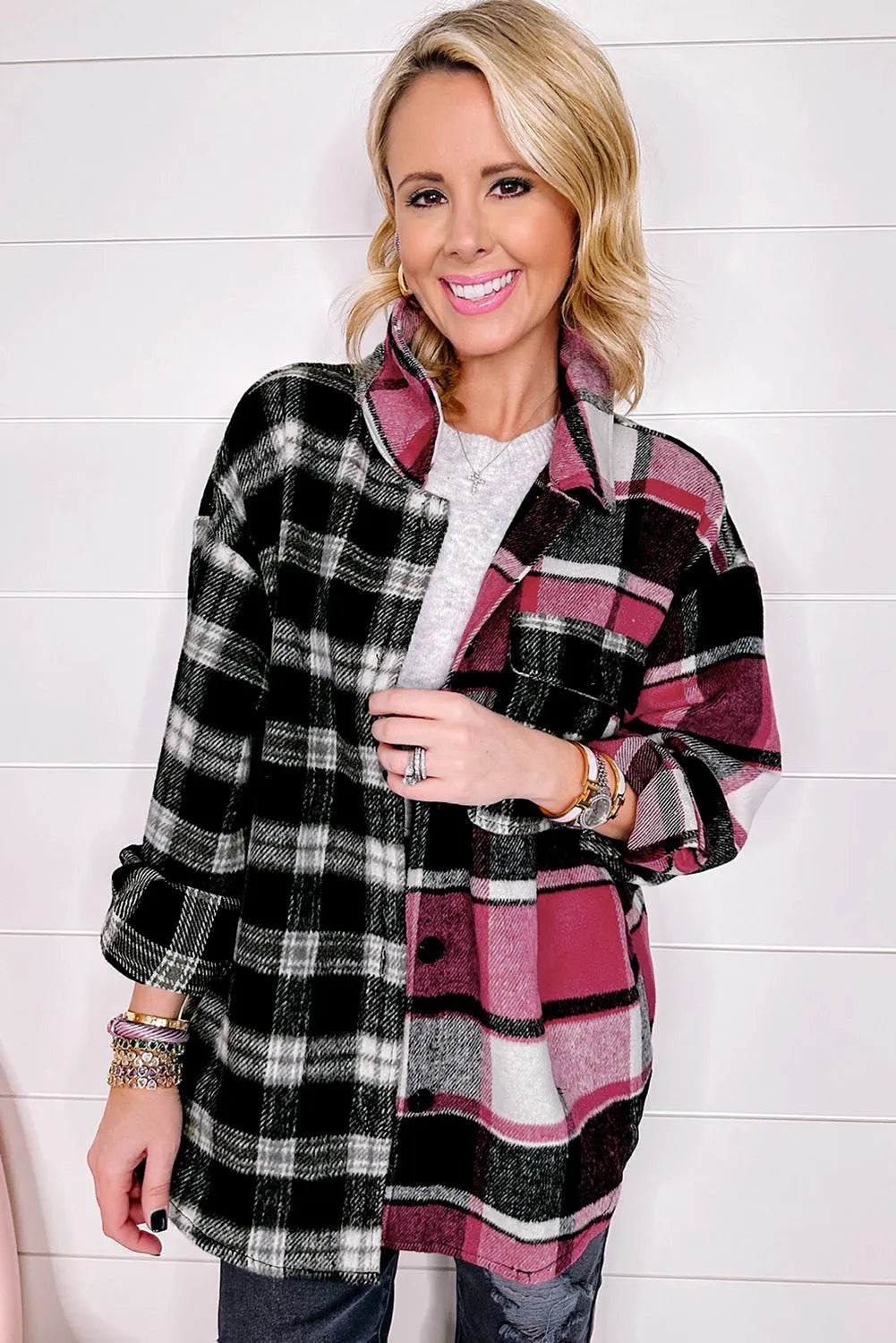 Black Plaid Colorblock Loose Shacket - Chic Meadow Boutique 