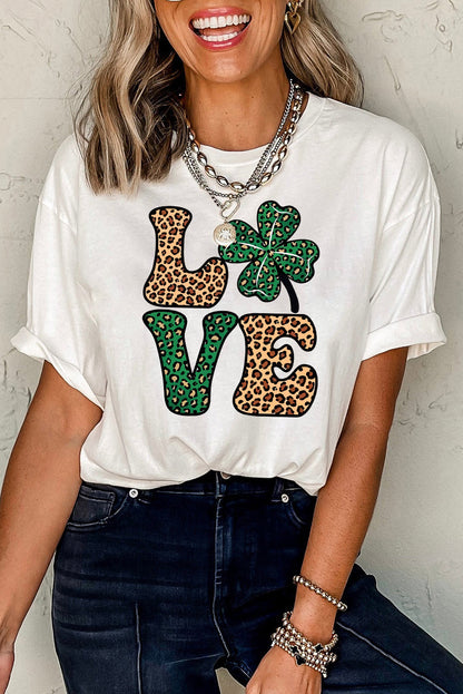 White Cheetah Clover LOVE Graphic St. Patricks Crewneck Tee