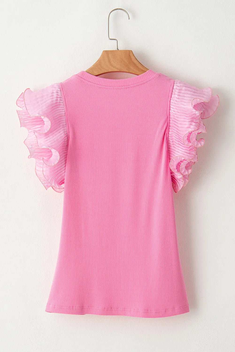 Strawberry Pink Ruffled Pleated Mesh Sleeve Ribbed Knit Slim Fit T Shirt - Chic Meadow Boutique 