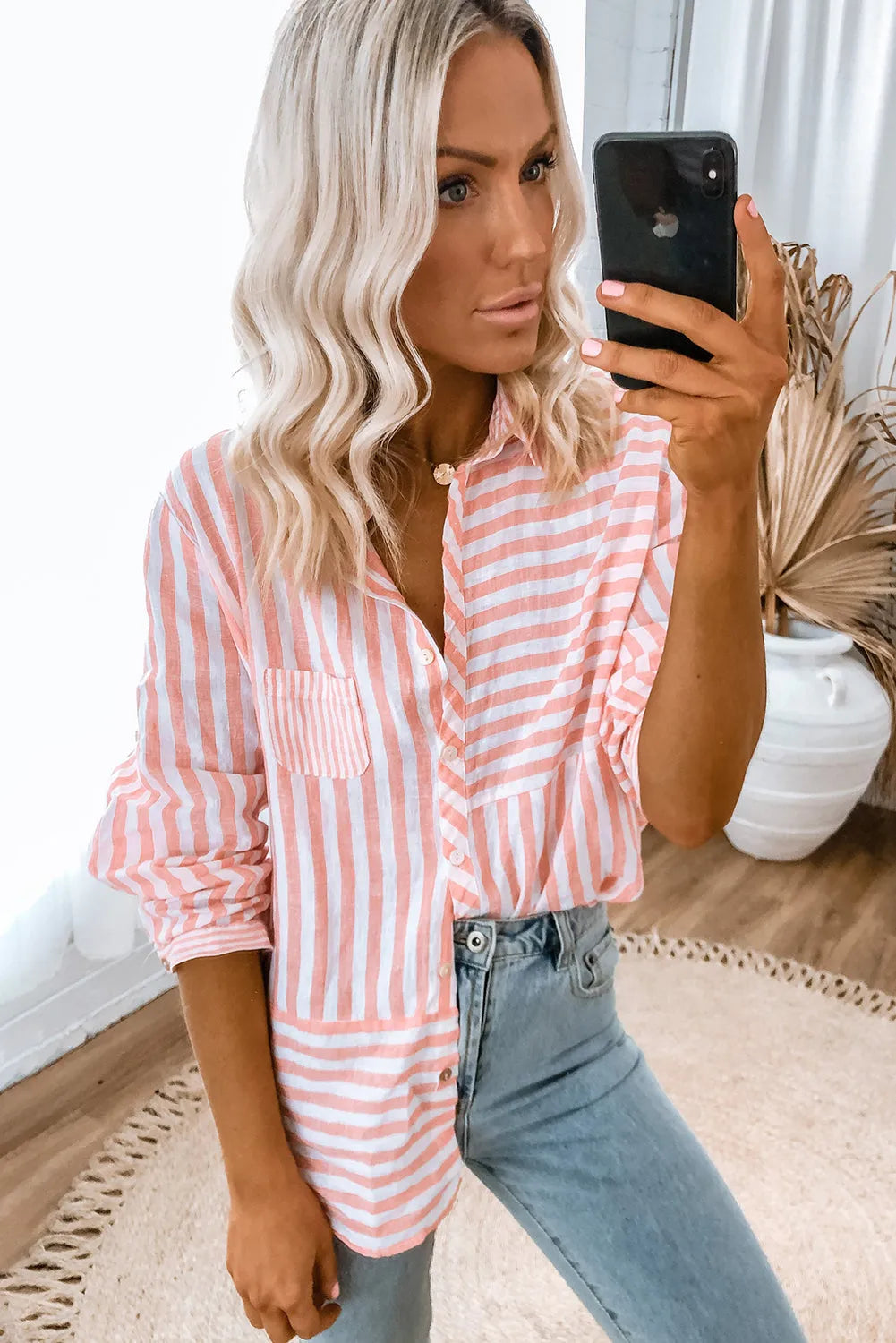 Pink Stripe Buttoned Long Sleeve Casual Shirt - Chic Meadow Boutique 