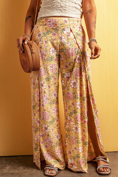 Yellow Floral Print High Slit Wide Leg Pants - Chic Meadow Boutique 