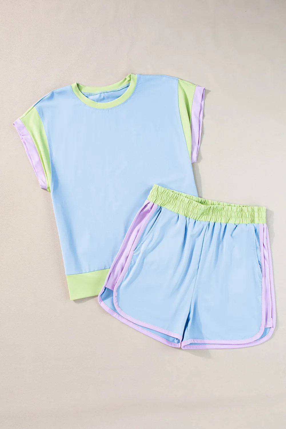 Blue Contrast Trim Cap Sleeve Tee Shorts Set - Chic Meadow Boutique 