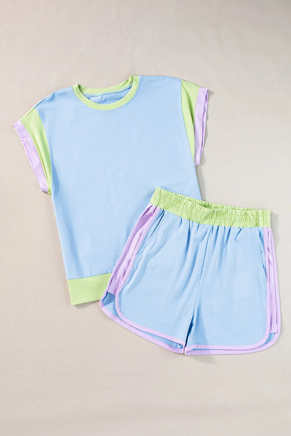 Blue Contrast Trim Cap Sleeve Tee Shorts Set - Chic Meadow Boutique 