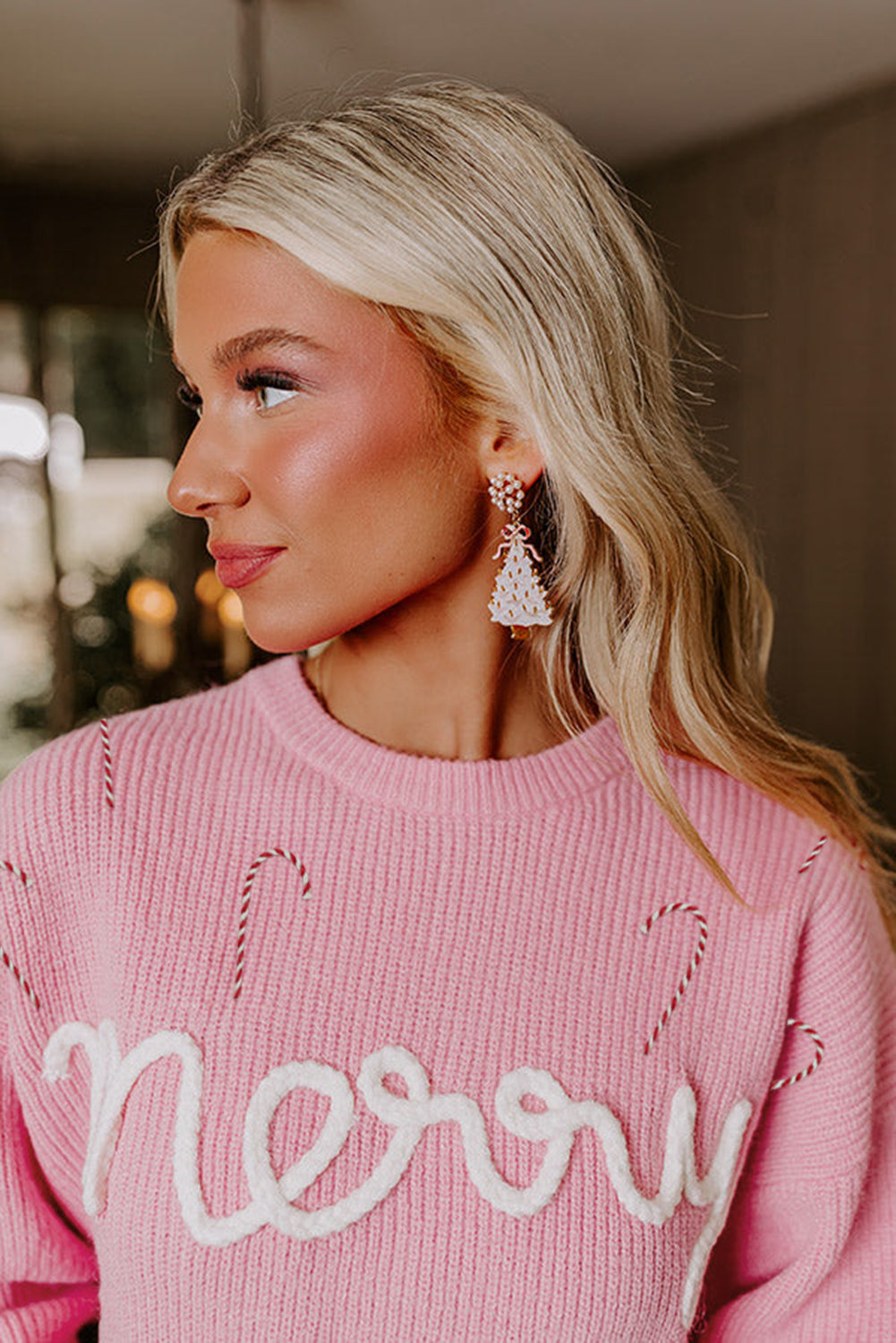 Pink Merry Candy Cane Puffy Knit Crew Neck Sweater