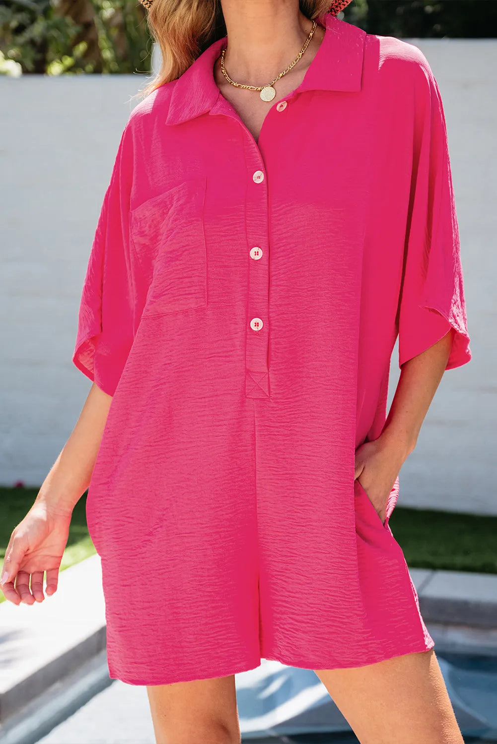 Bright Pink Half Button Collared Loose Romper - Chic Meadow Boutique 