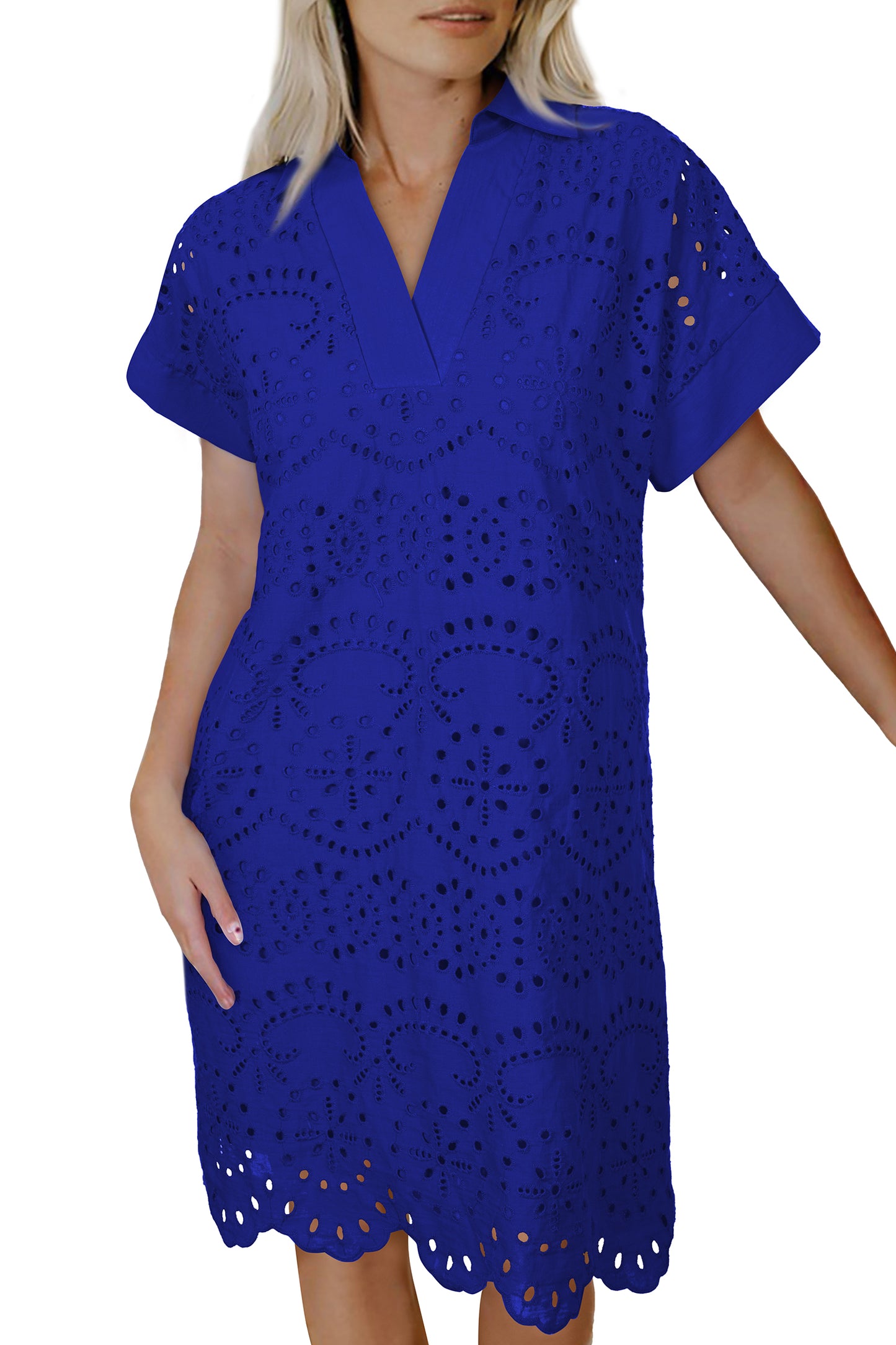 Dark Blue Solid Color Eyelet Embroidered T Shirt Mini Dress