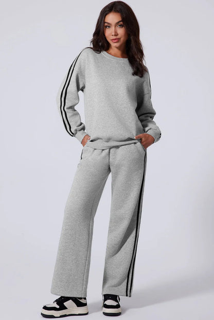 Light Grey Solid Color Side Striped Sweatshirt Active Set - Chic Meadow Boutique 