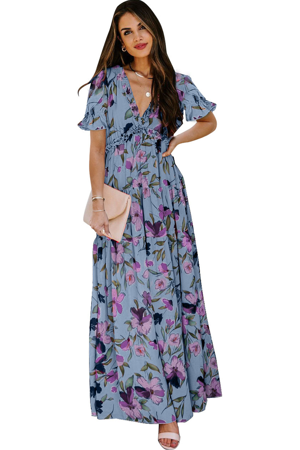 Sky Blue Fiery Floral Print Frilled V Neck Short Sleeve Maxi Dress