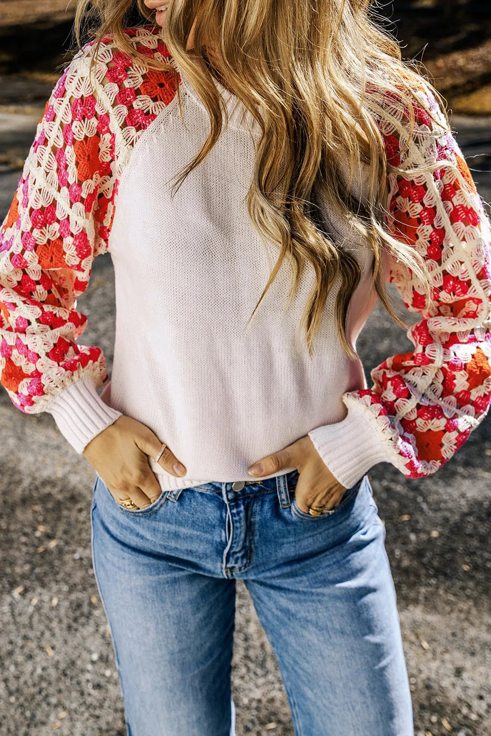 Rose Crochet Puff Sleeve Contrast Knit Sweater - Chic Meadow Boutique 