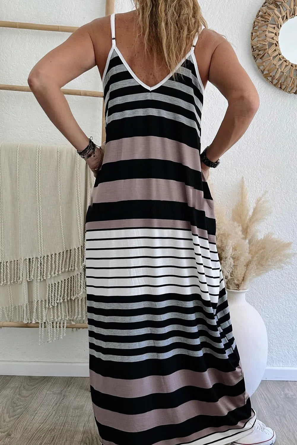 Dresses/Maxi Dresses Multicolour Mixed Stripes Spaghetti Straps V Neck Maxi Dress