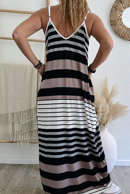 Dresses/Maxi Dresses Multicolour Mixed Stripes Spaghetti Straps V Neck Maxi Dress