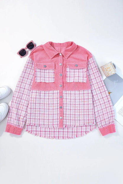 Rose Frayed Tweed Plaid Patchwork Buttoned Jacket - Chic Meadow Boutique 