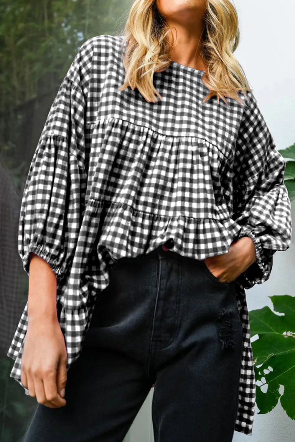 Black Checkered Puff Sleeve Tiered Loose Babydoll Blouse - Chic Meadow Boutique 