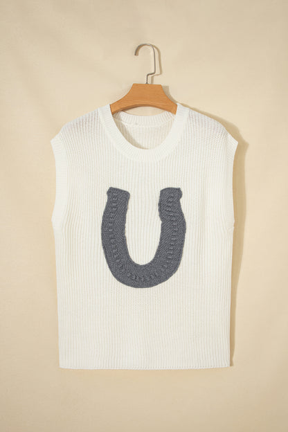 White Crochet Horseshoe Short Sleeve Knit Sweater