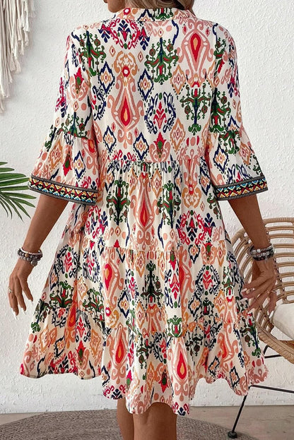 Dresses/Mini Dresses Multicolour Boho Print V Neck Bracelet Sleeve Mini Dress