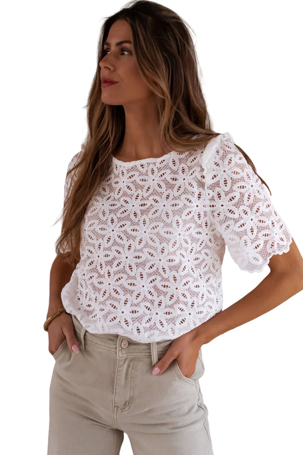 White Elegant Flower Embroidery Hollowed Blouse - Chic Meadow Boutique 