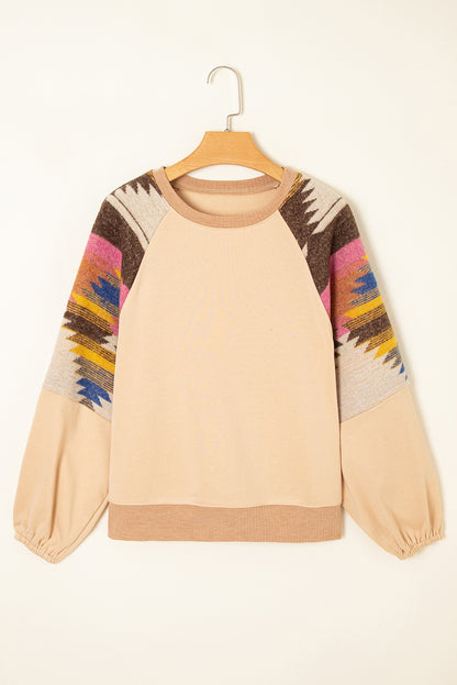 Light French Beige Aztec Patchwork Raglan Pullover Sweatshirt