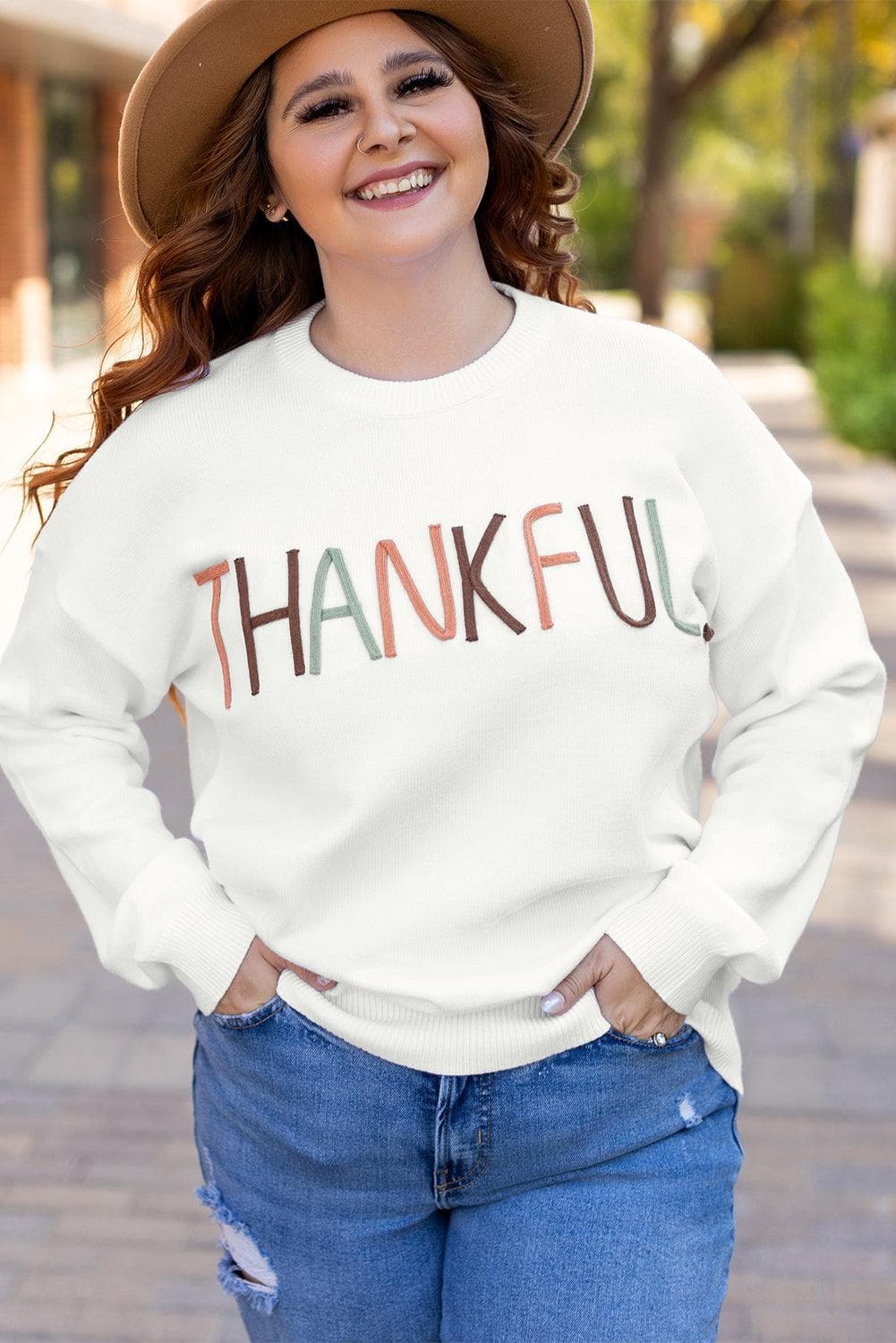 Plus Size/Plus Size Sweaters & Cardigans White Plus Size Thankful Ivory Embroidered Sweater