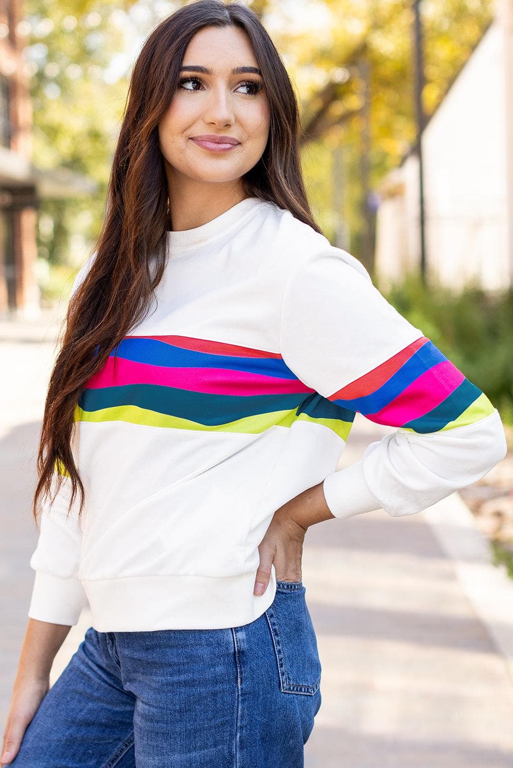 Tops/Long Sleeve Tops White Colorful Striped Accent Long Sleeve T Shirt