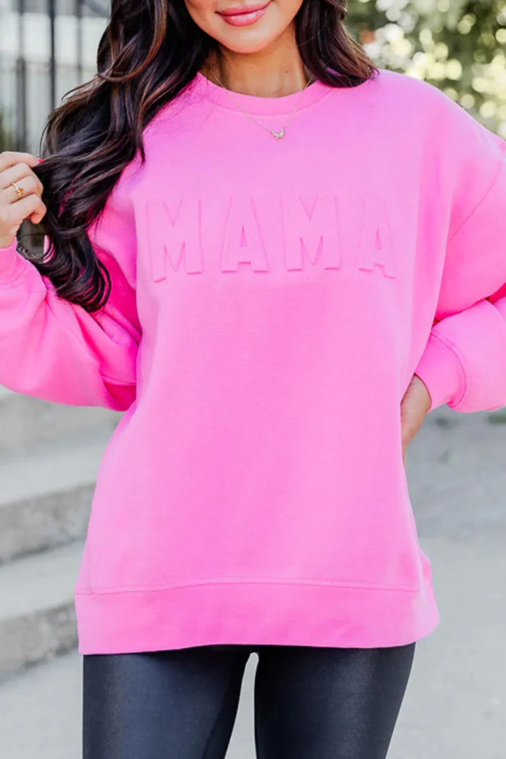 Bright Pink MAMA Letter Embossed Casual Sweatshirt - Chic Meadow Boutique 