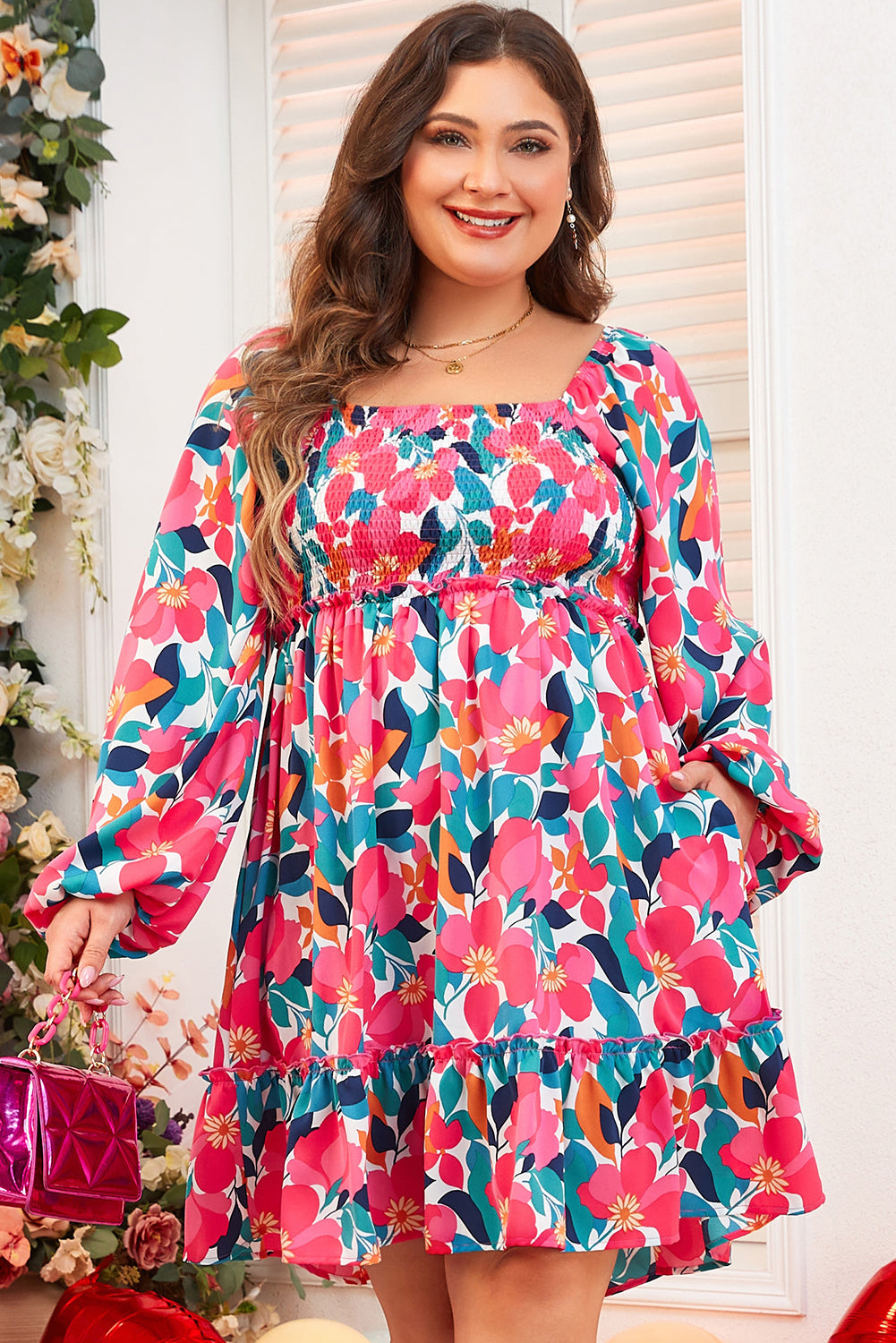 Rose Flower Print Smocked Square Neck Plus Size Dress