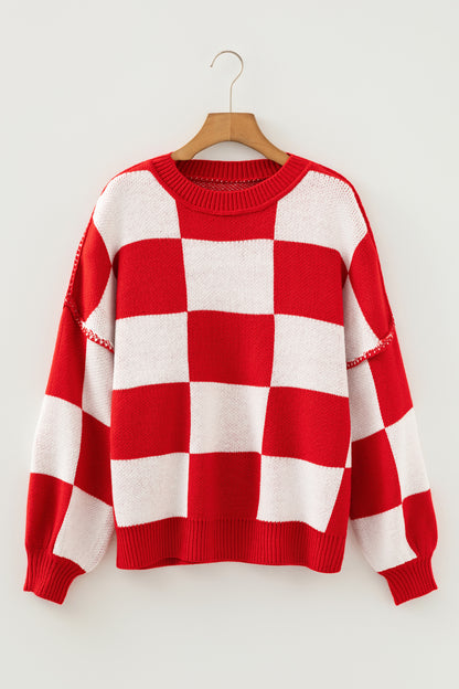 Fiery Red Checkered Bishop Sleeve Sweater