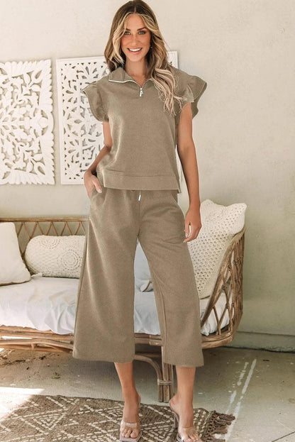 Two Piece Sets/Pant Sets Pale Khaki Textured Flutter Sleeve Top Wide Leg Pants Set