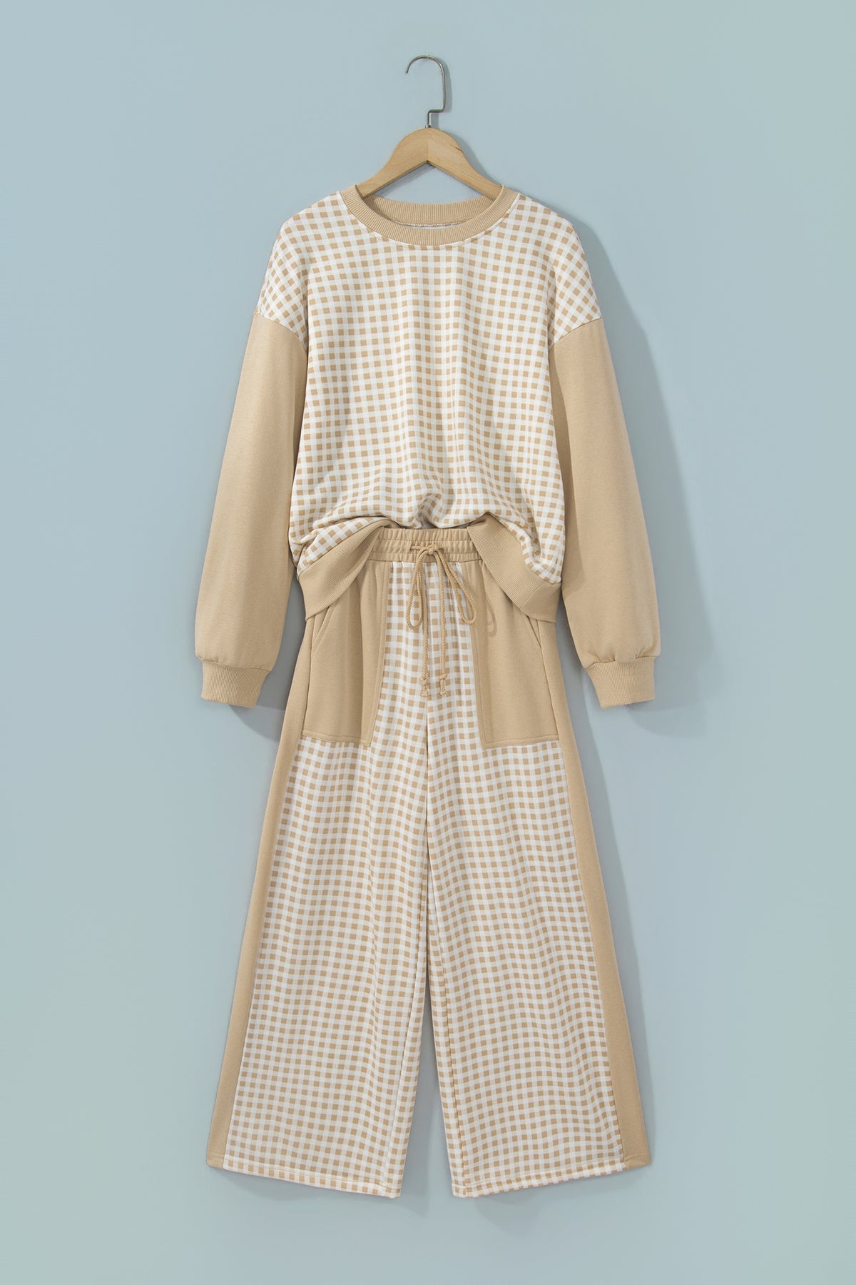 Khaki Color Block Plaid Patchwork Long Sleeve Pullover Wide Leg Pant Set