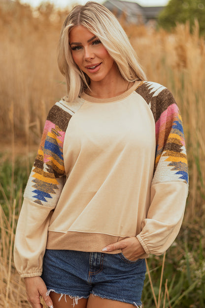Light French Beige Aztec Patchwork Raglan Pullover Sweatshirt