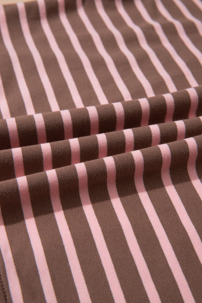 Brown Stripe Striped Drawstring Waist Long Sleeve Top Mini Skort Set