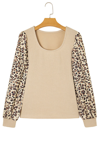 Apricot Leopard Sleeve Patchwork Ribbed Knit U Neck Top
