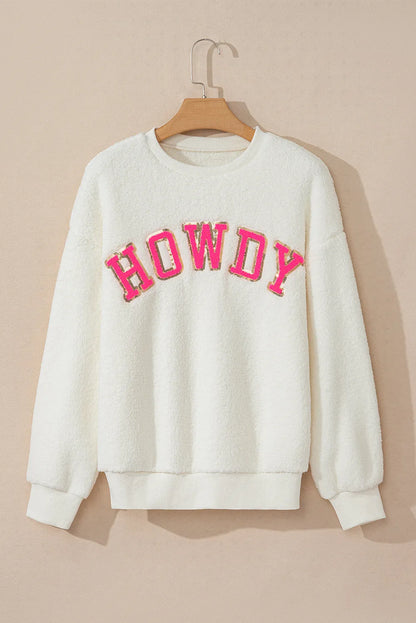 Beige Sherpa HOWDY Patched Pullover Sweatshirt - Chic Meadow Boutique 