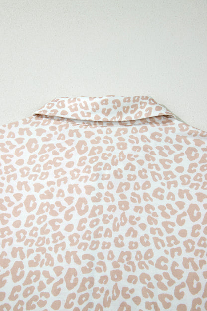 Beige Leopard Zip Polo Top 2pcs Short Set