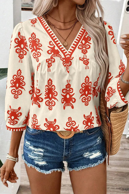 Orange Vintage Geometric Printed 3/4 Sleeve V Neck Blouse - Chic Meadow Boutique 