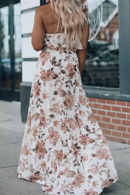 White Floral Slit Ruffled Halterneck Maxi Dress - Chic Meadow Boutique 