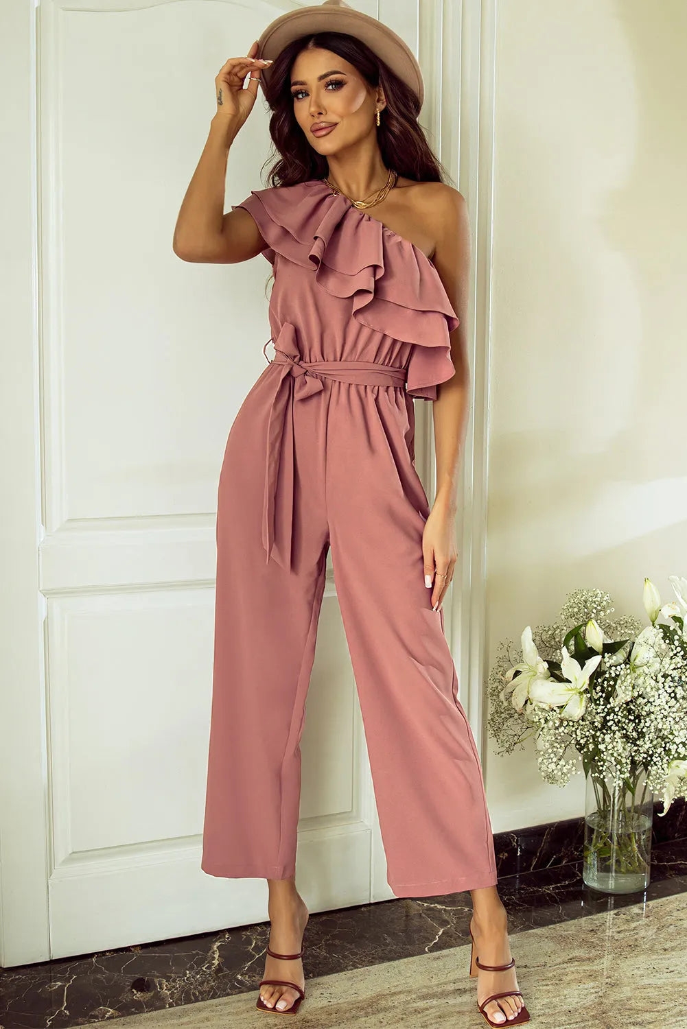 Dusty Pink One Shoulder Ruffle Trim Belted Jumpsuit - Chic Meadow Boutique 