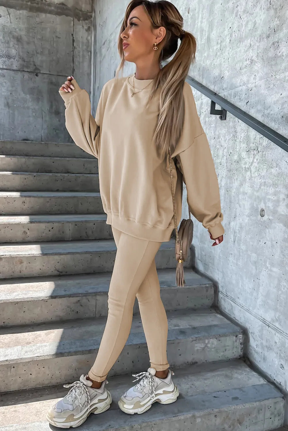 Beige Solid Sweatshirt and Leggings Two Piece Set - Chic Meadow Boutique 