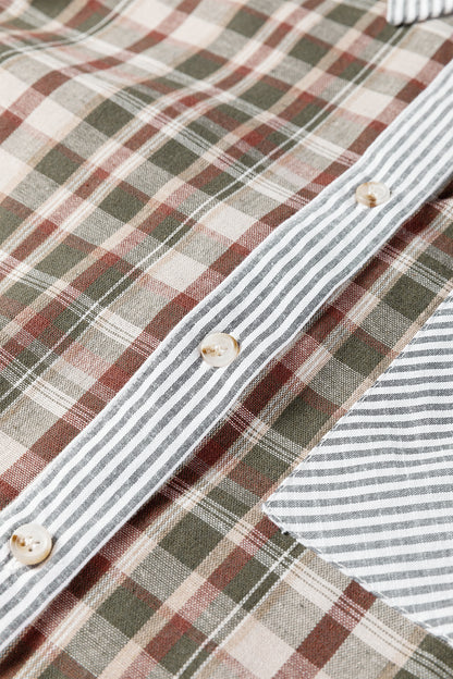 Brown Plaid Print Striped Patchwork Single Chest Pocket Buttoned Shirt