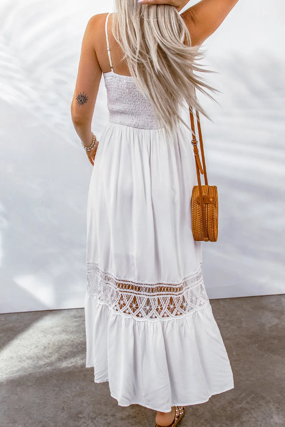 White Lace Splice Button Decor Spaghetti Strap Maxi Dress - Chic Meadow Boutique 