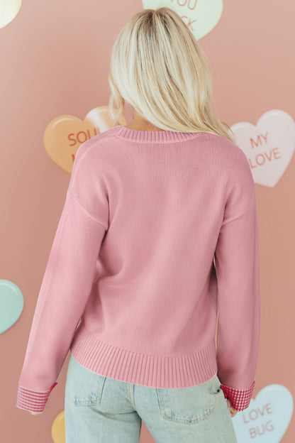 Light Pink Plaid Heart Embroidered Cuffed Drop Shoulder Crew Neck Sweater