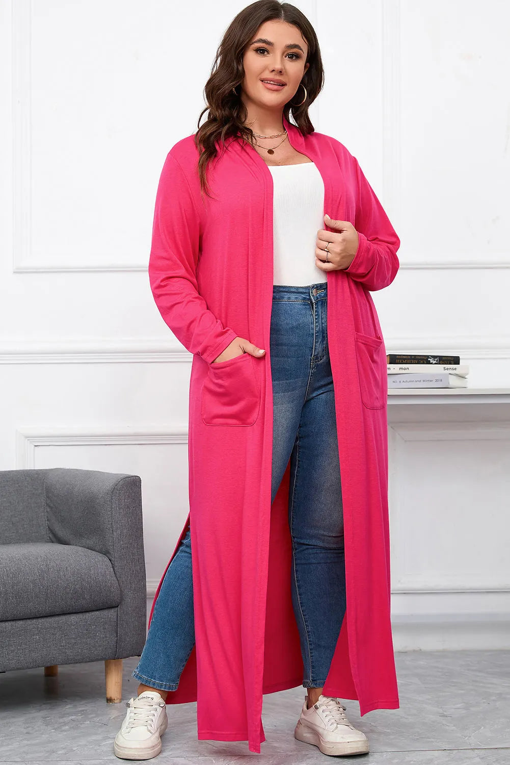 Strawberry Pink Plus Size Side Split Pockets Duster Cardigan - Chic Meadow Boutique 