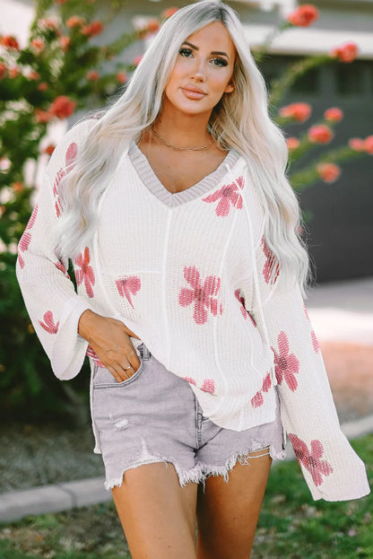 White Floral Print Lightweight Knit Hooded Sweater - Chic Meadow Boutique 