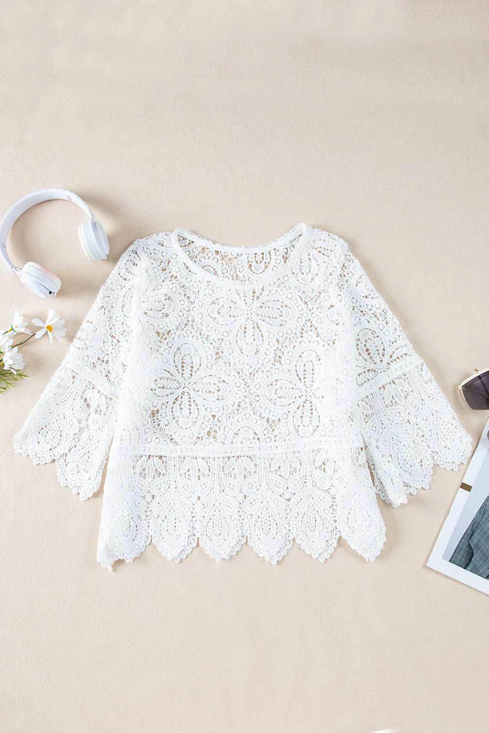 Oatmeal Bohemian Macrame Lace Crochet Half Sleeve Blouse - Chic Meadow Boutique 