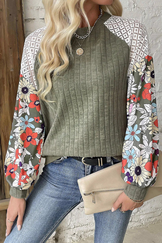 Laurel Green Floral Patchwork Long Sleeve Ribbed Blouse - Chic Meadow Boutique 