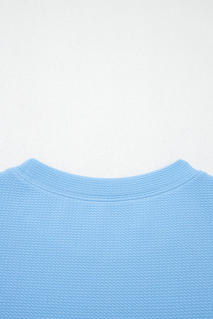Light Blue Round Neck Textured Contrast Floral Bubble Sleeve Blouse
