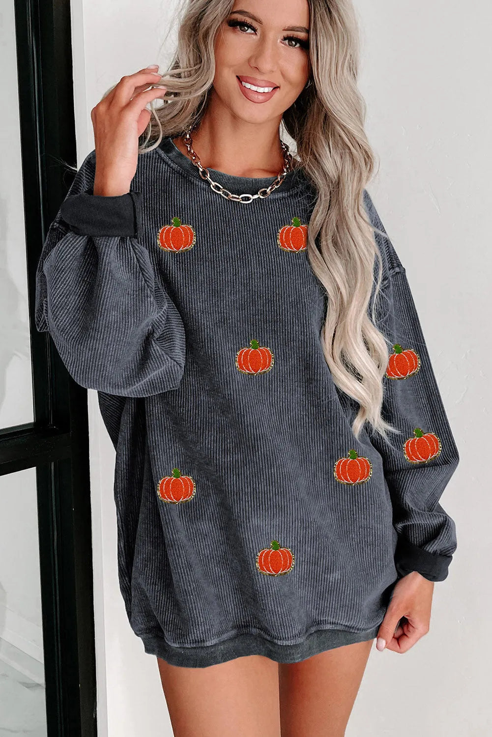 Gray Halloween Pumpkin Graphic Drop Shoulder Ribbed Sweatshirt - Chic Meadow Boutique 