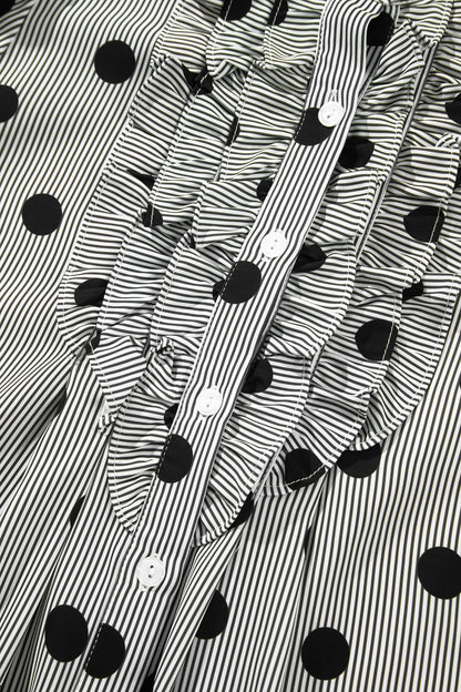Black white Polka Dot Striped Print Ruffle Stand Neck 3/4 Sleeve Shift Shirt