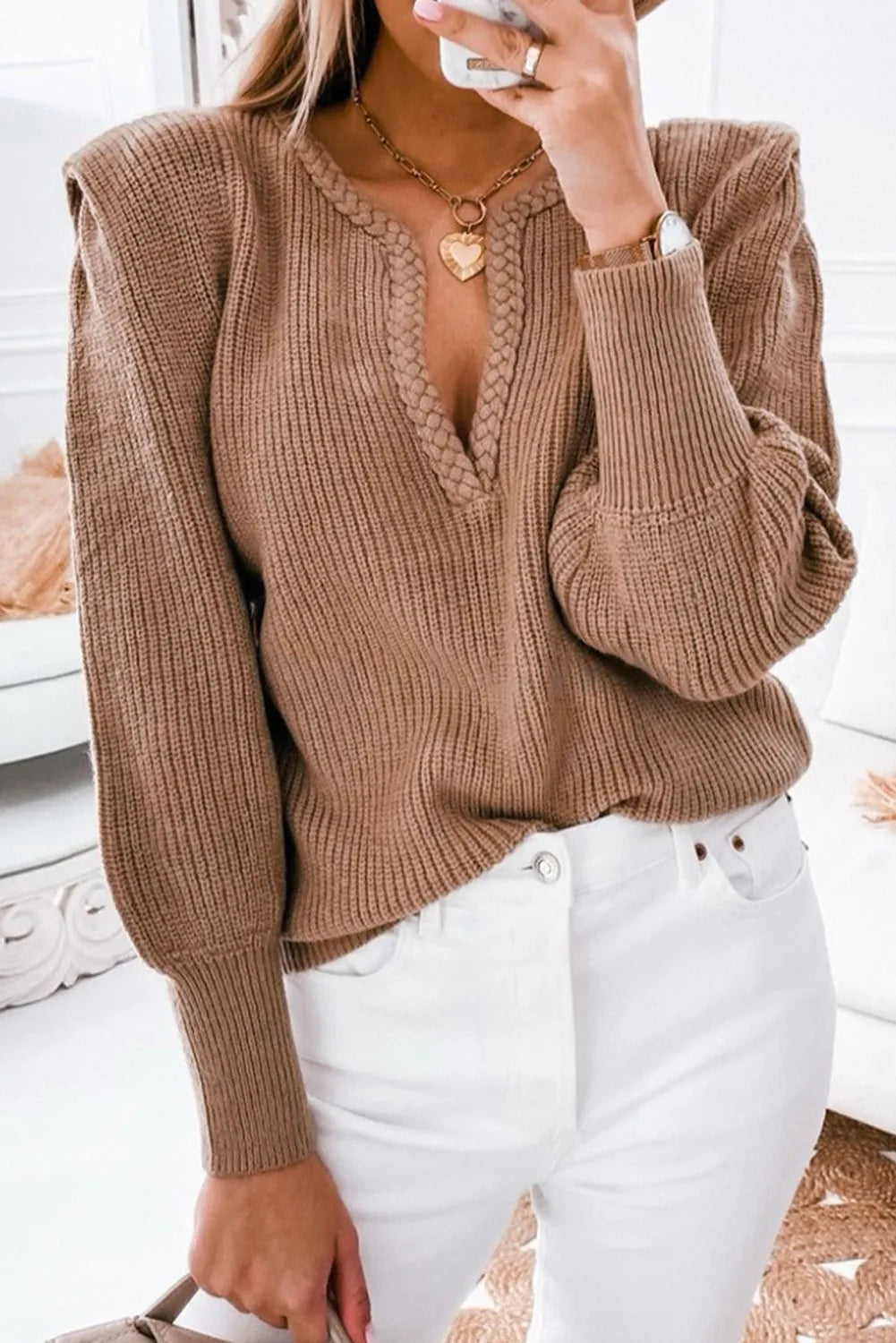 Brown Braided Notched V Neckline Puff Sleeve Knitted Sweater - Chic Meadow Boutique 