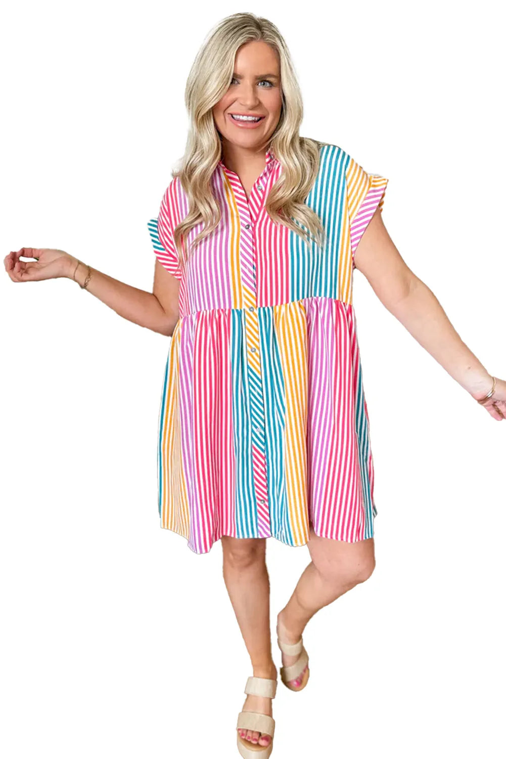 Multicolour Colorblock Striped Short Sleeve Buttoned Shirt Dress - Chic Meadow Boutique 