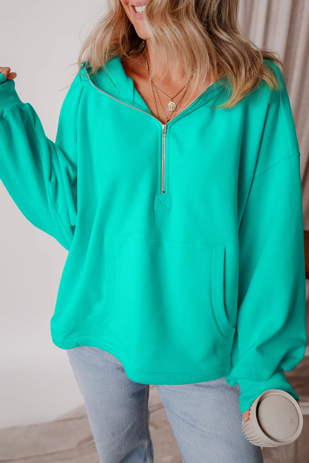 Aruba Blue Fleece Lined Half Zipper Kangaroo Pockets Loose Hoodie - Chic Meadow Boutique 